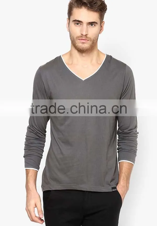 Fashion custom cotton v neck long sleeve t shirt