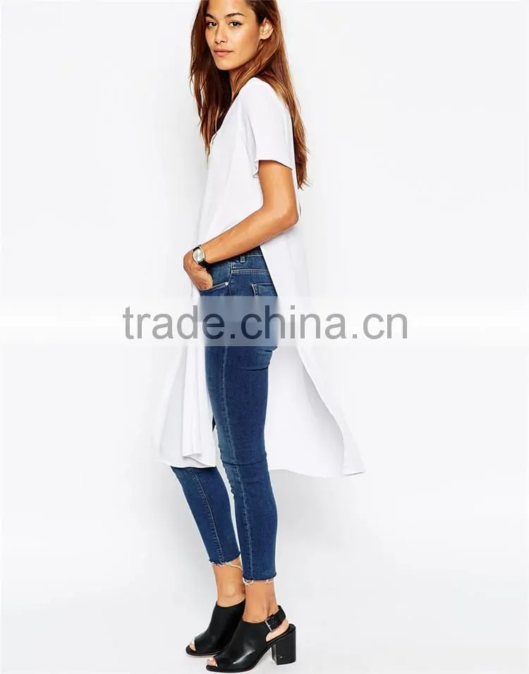 Girls longline plain white v neck 100 cotton white t shirt