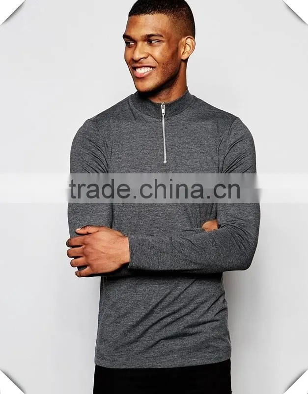High Quality Mens 1/4 Zipper Long Sleeve T-Shirt Grey Plain Muscle Fit Gym T Shirt Sports Wear OEM