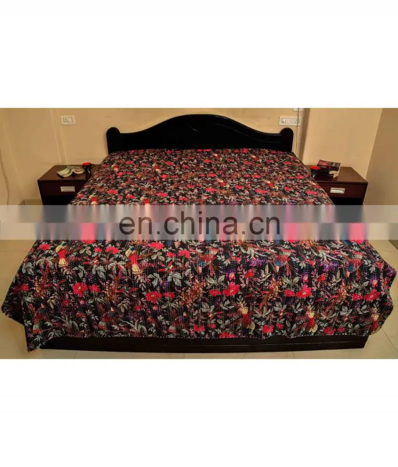 Black Cotton Kantha Work Bird Print Bed Cover Kantha Bird Print Quilt Bedding