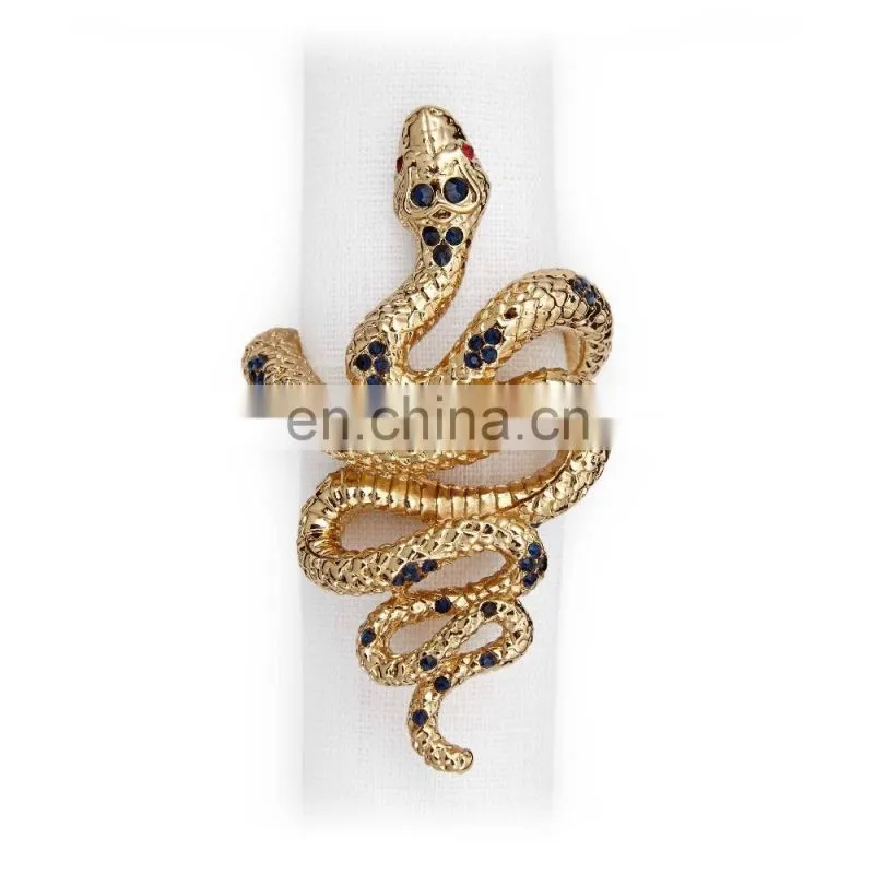 Gold Plated Snake Napkin Rings Red Blue Crystals, Set of 4