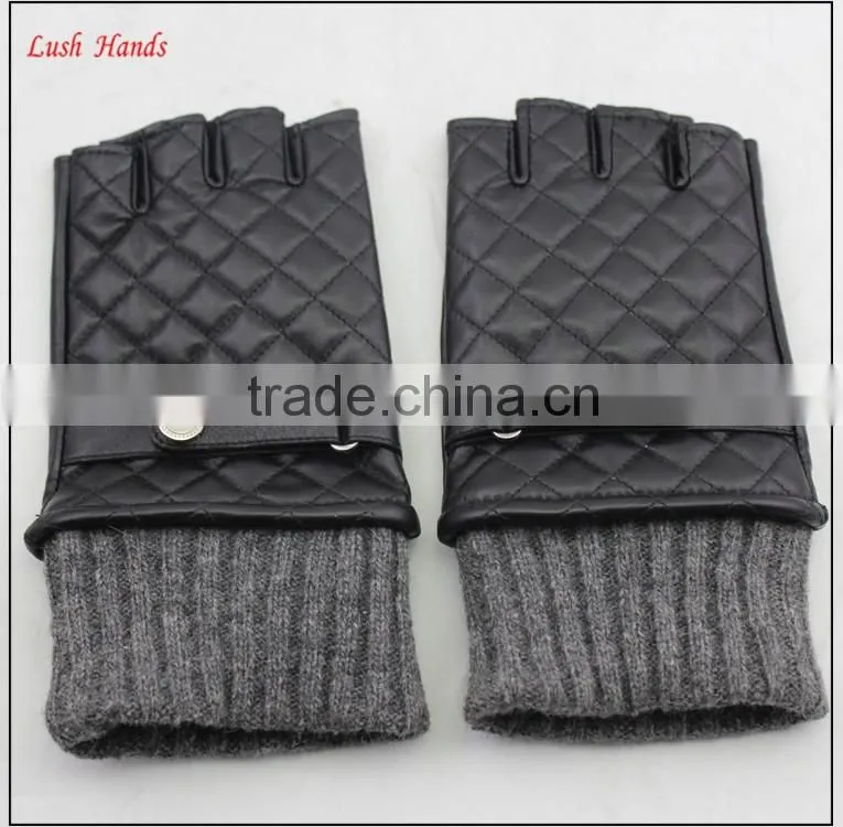 ladies half finger leather driving gloves knitted cuff leather glove