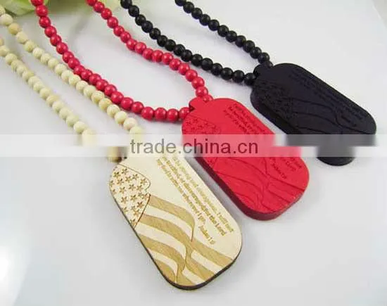 Hip-Hop Good Quality US Army Dog Tag Pendant Wooden Beaded Rosary Necklaces