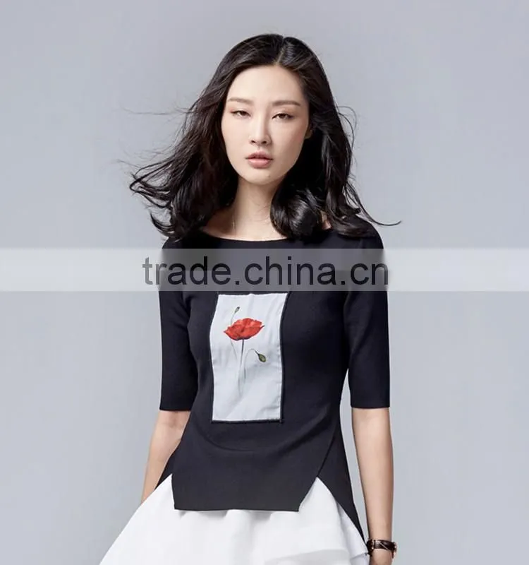 Woman sweater round neck half sleeve spring summer pullover with artwork on front