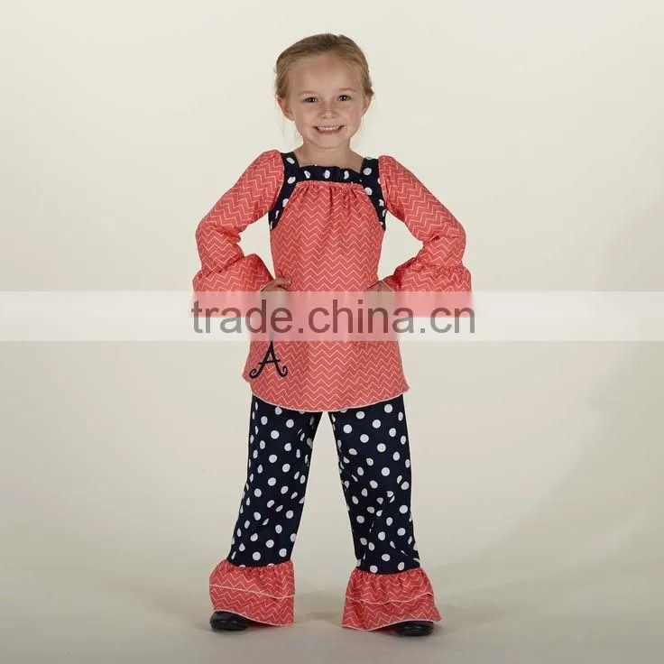 2015 hot sale newest style OEM service factory price kids polka-dot shirts with pants boutique set