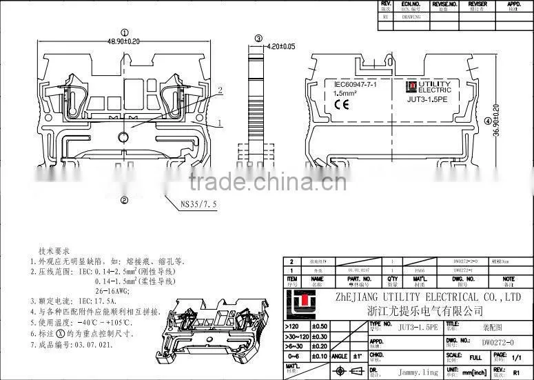 Dinrail terminal block spring type JUT3-1.5PE ground terminal connector screwless earth type
