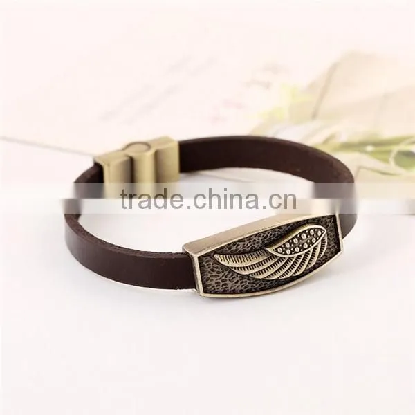 Fashion alloy cowhide leather bracelet,wing embossed leather charm bracelet