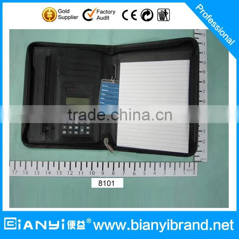 Promotional A4 zipper PU leather portfolio with writing pad and calculator