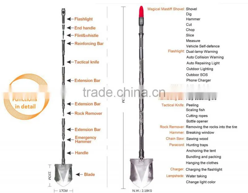 2015 Garden Multifunctional Hand Tool Patent Shovel Hammer Hoe Garden Kit Knife Garden Saw Flashlight Screwdriver Snowfield Tool