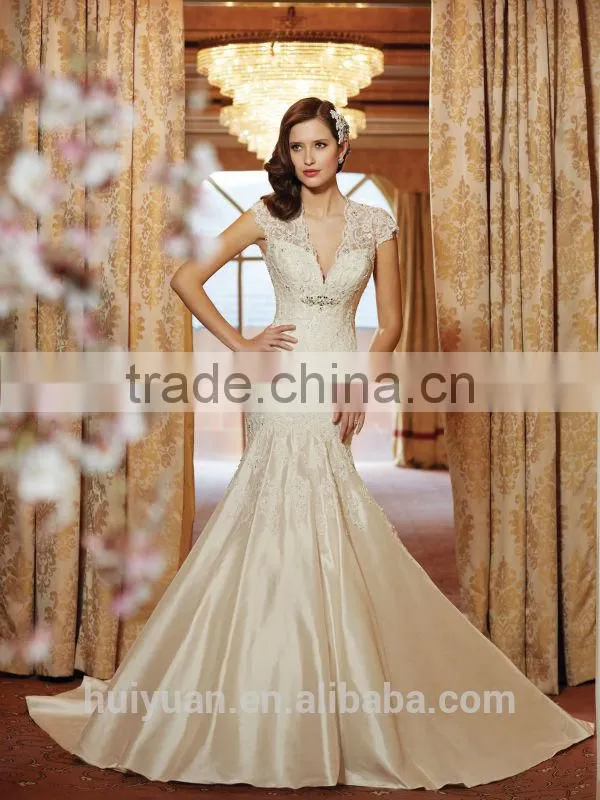 champagne color satin lace cap sleeve mermaid deep backless wedding dress