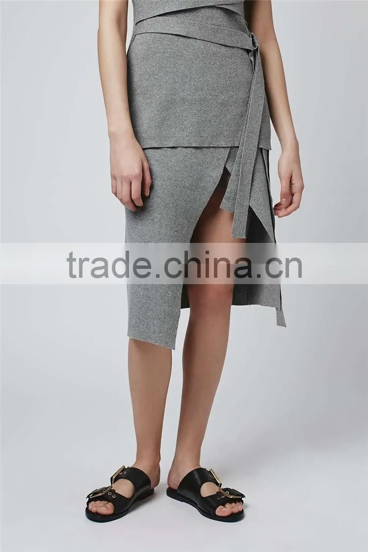 High Quality D-Ring Wrap Skirt Winter Grey Long Skirts Women Slit Office Wear Skirts