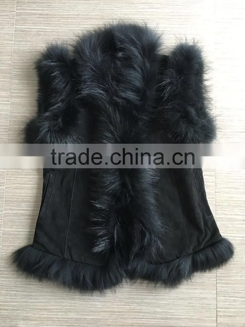 YR098 Pig Suede with Raccoon Fur Trimming Vest Fur and Leather Vest