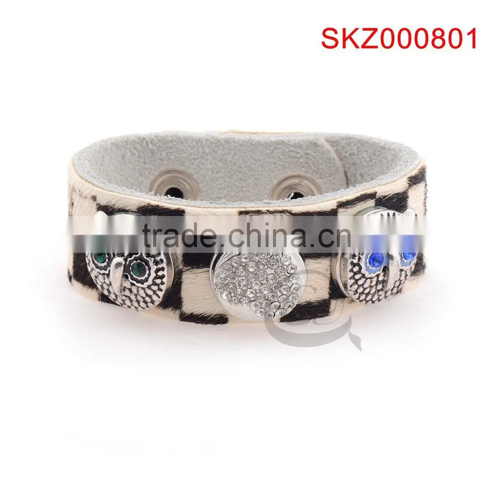 2015 new products leather snap botton owl bracelet