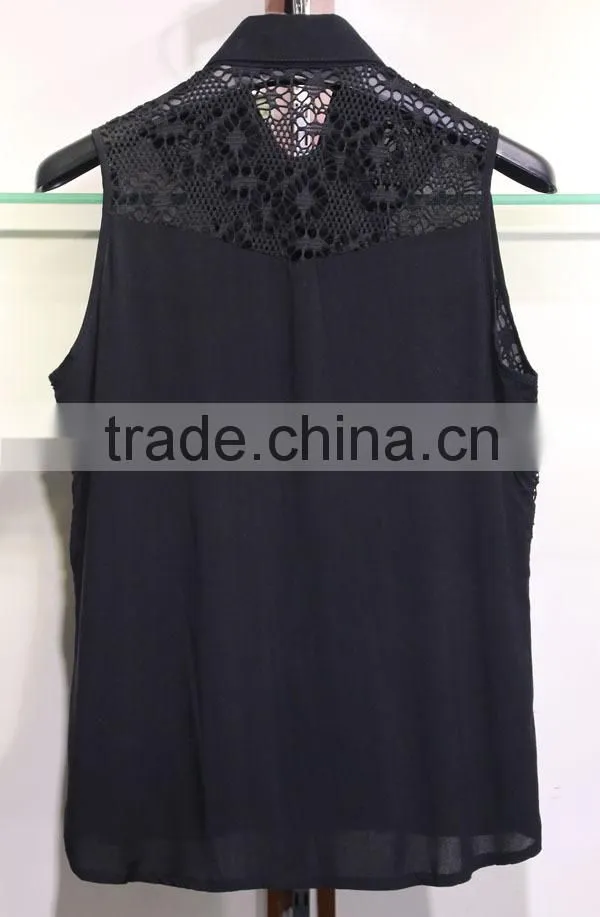 Black sleeveless viscosa blouse with lace for women