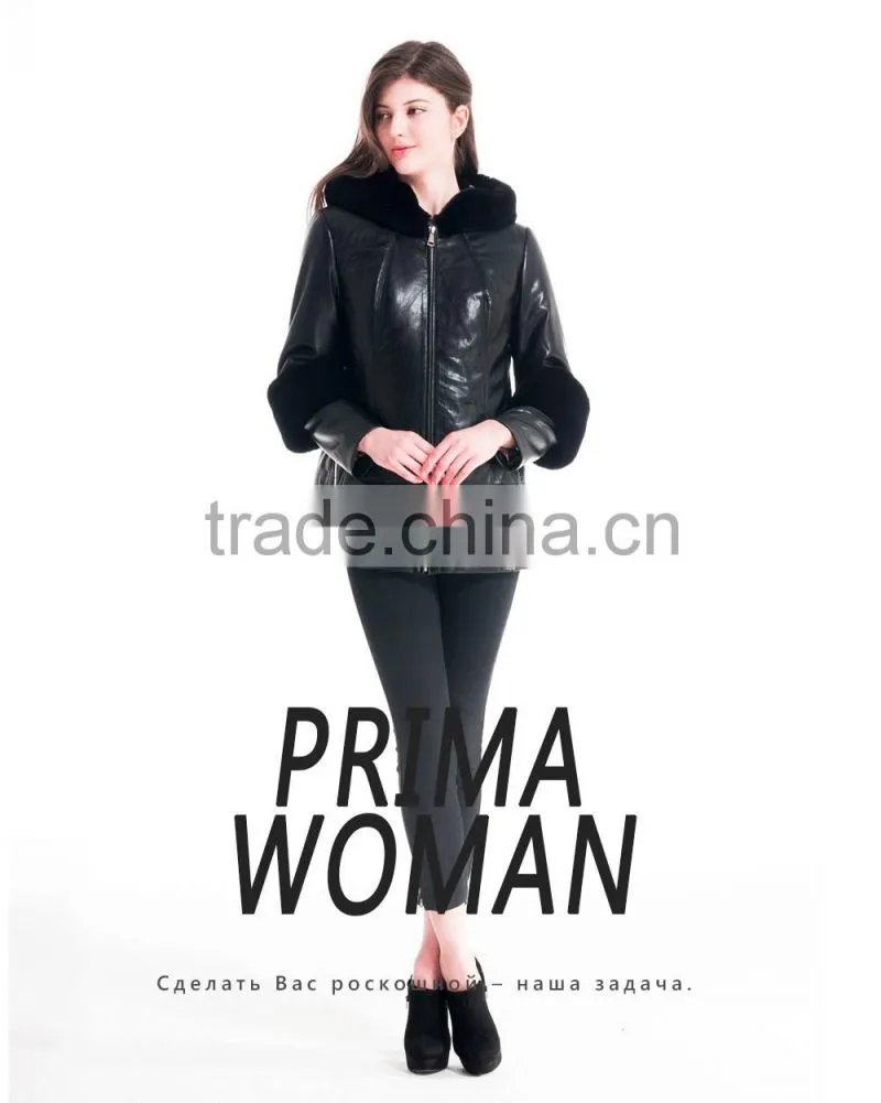 2016 New Design Winter Women Short Leather Coat With Rex Rabbit Hat Detachable Sleeveit Overcoat