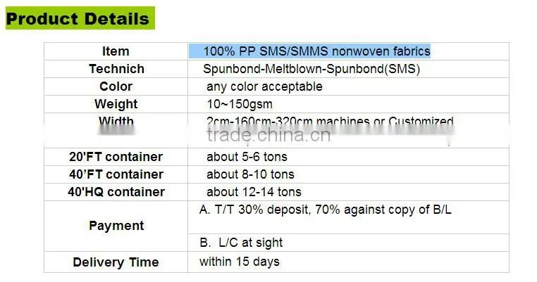 Non-toxic sms nonwoven fabric,nape cover raw material, disposable sms surgical gown fabrics sms non-woven fabric factory