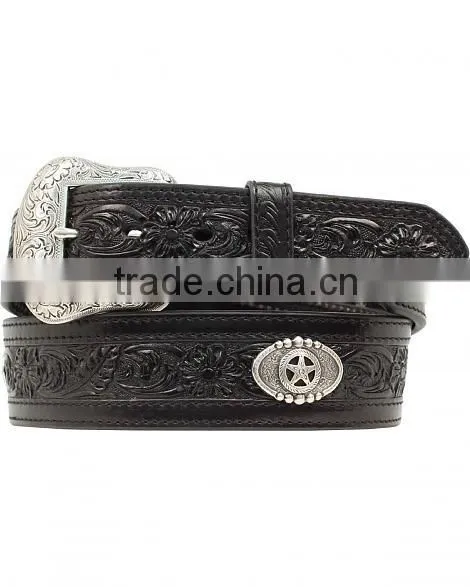 Western men floral embossed star concho leather tooled belt