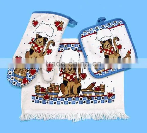 3pc pigment printing towel with fringe cheese holder set rooster design glove set