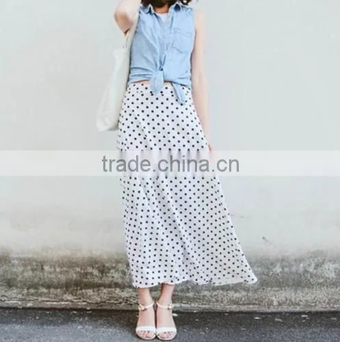 Stylish Lady Women Sweet Medium Elastic Waist Dot Chiffon Mild-calf Casual Pleated Skirt