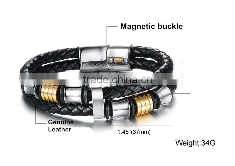 Stainless steel & leather mens bracelet , braided genuine leather bracelet men stainless steel