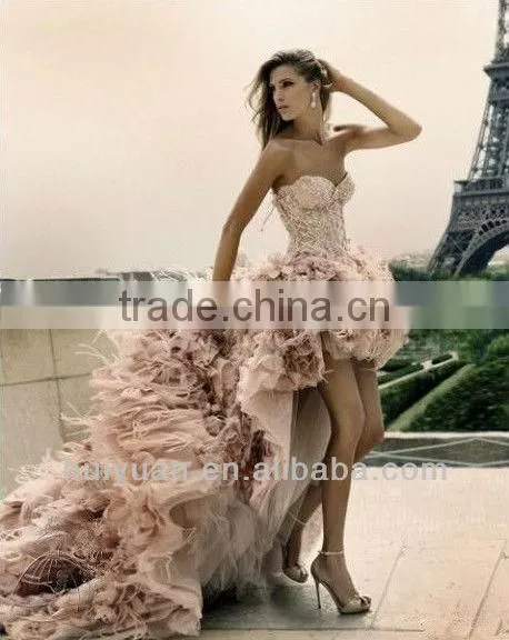 2014 newest deep v neck short front long back prom dress