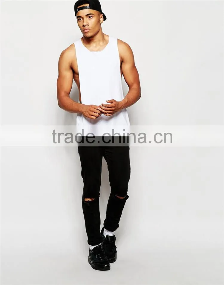 Mens plain white tank top custom open side tank top