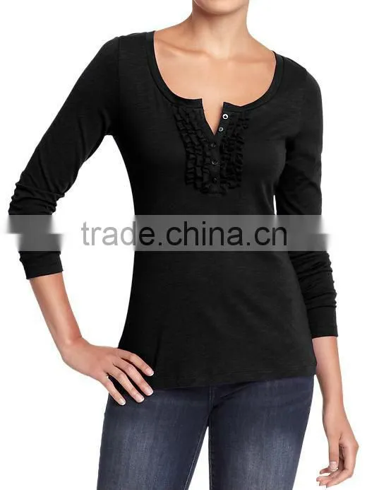 Womens striped long sleeve t shirt with ruffled placket