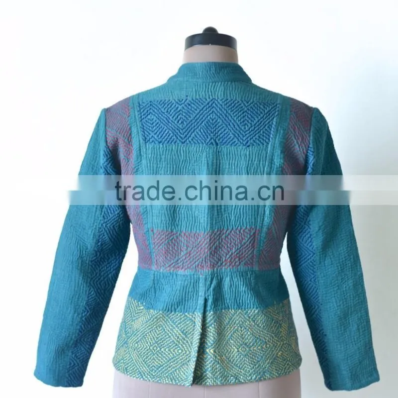 Vintage Kantha Jacket in Viridian green with Embroidery ~ Extra Large