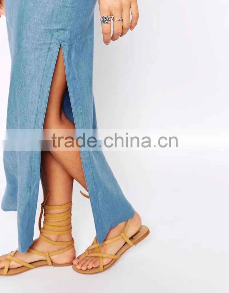 100% Cotton high rise split sides ladies long denim skirts for women 2015