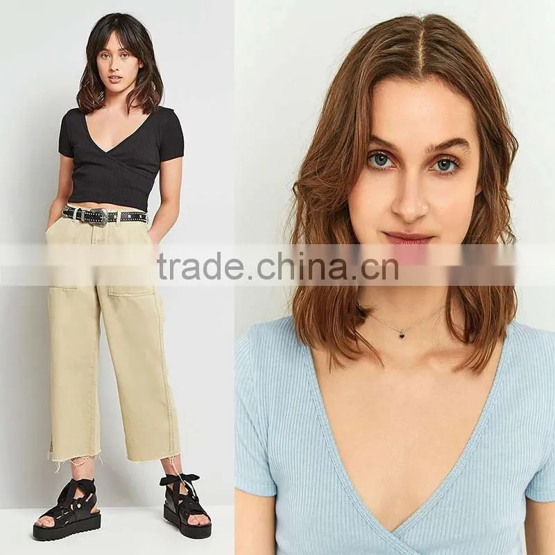 2017 ladies ribbed deep v-neck short sleeves ballet wrap crop cami tops