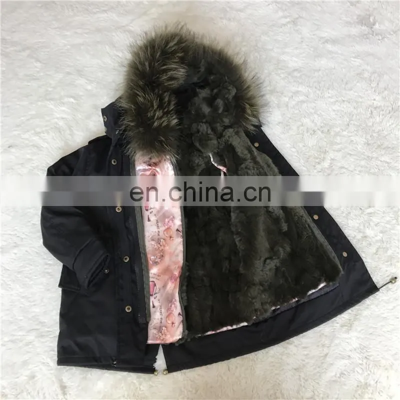 High Quality Manufacture Fashionable Winter Rose Red Rex Rabbit Fur Lining Baby Fur Parka Coat