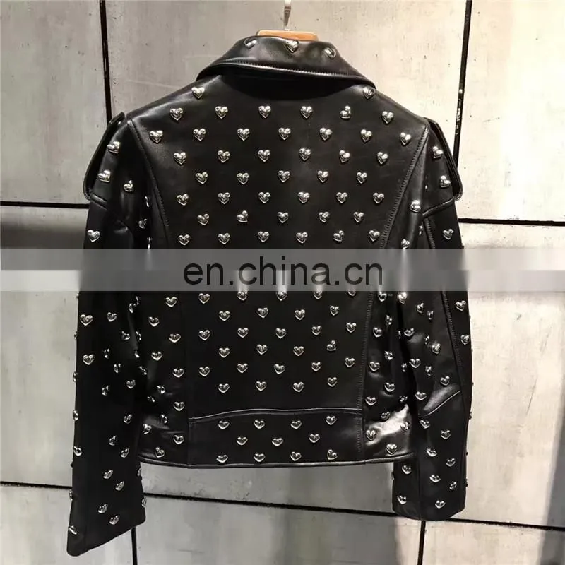 High Quality Custom Design Fashion Motocycle Biker Black Genuine Leather Short Jacket Women