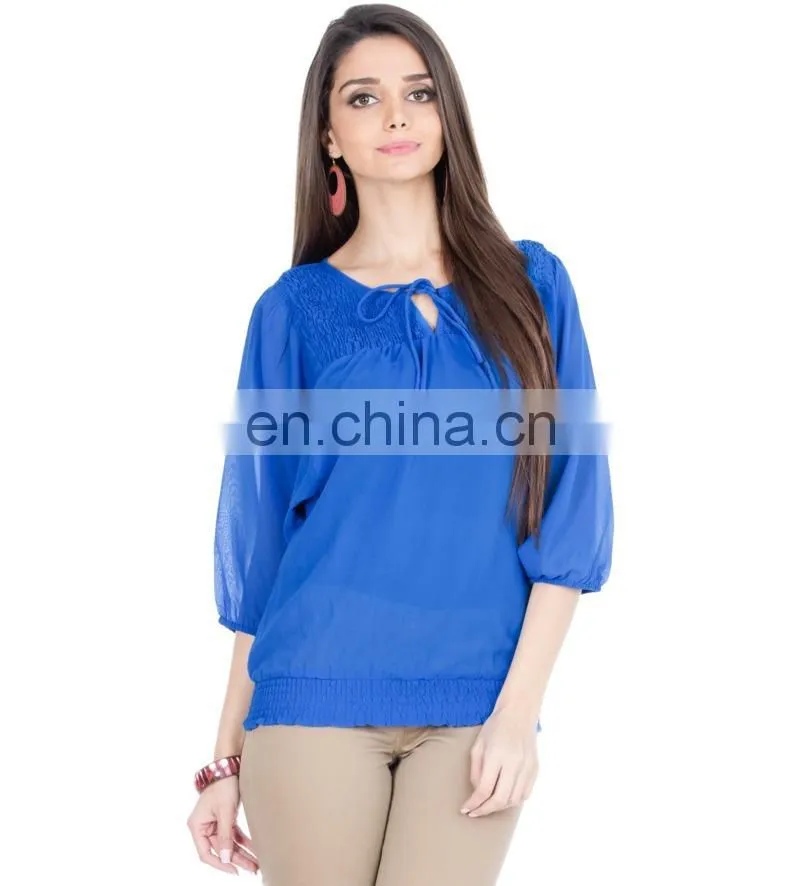 2015 Blue Top With Smocking And Tie-up women blue floral print tie-up top
