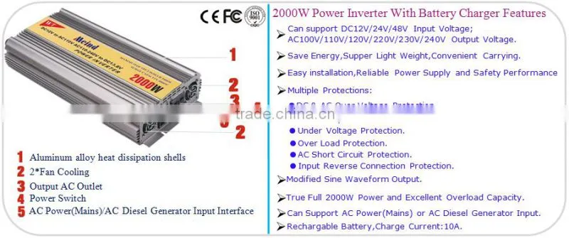 Solar power inverter 2000W DC 12V/24V/48V to AC 220V/110V/100V built in charger