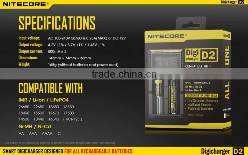 Superb NiteCore d2 charger Intellicharger led flashlight Battery Charger Li-ion /Ni-MH LiFePO4 li-ion battery charger 3.7v