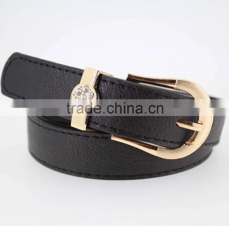 Women's Plain black PU leather belt with rhinestone ring in YiWu