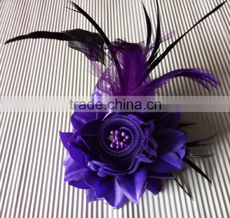 Colorful Artificial Fabric and Feather Flower Brooch