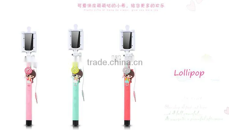 2015 Wholesale Lovely Cartoon Girl Design Portable Selfie Stick Wired Control