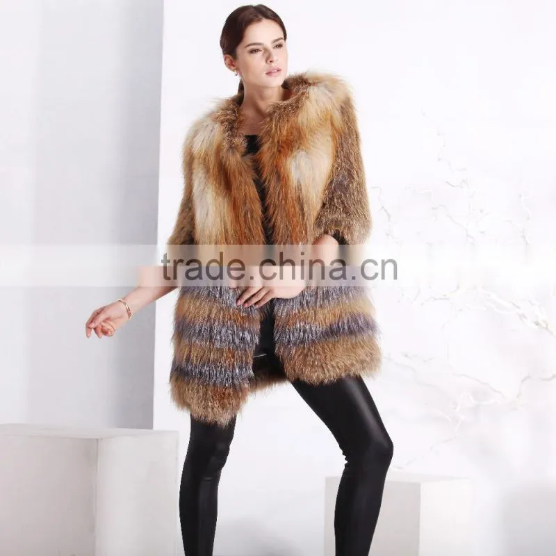 Fashion ladies knitted fox fur coat