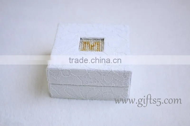 White wedding boxes for ring package with beaded name plate of M