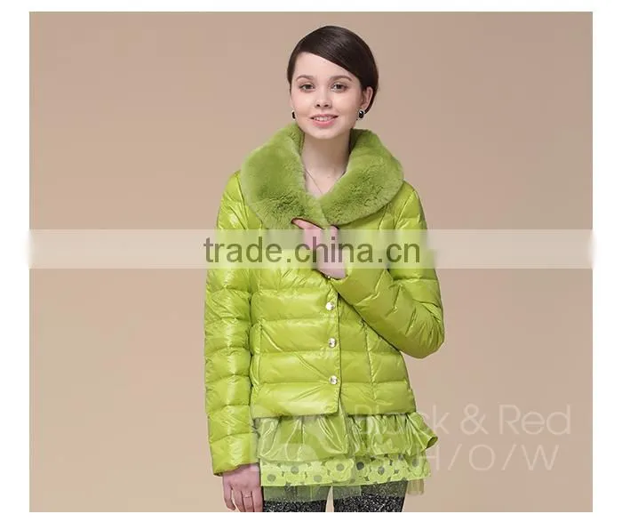 2014 New Design women jacket with lace bottom Big Fur Collar grass green Down Jacket/Women Jacket/Duck Down Jacket