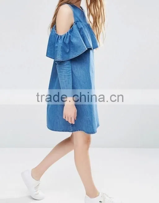 Shift Denim Dress with Cold Shoulder and Ruffle Detail