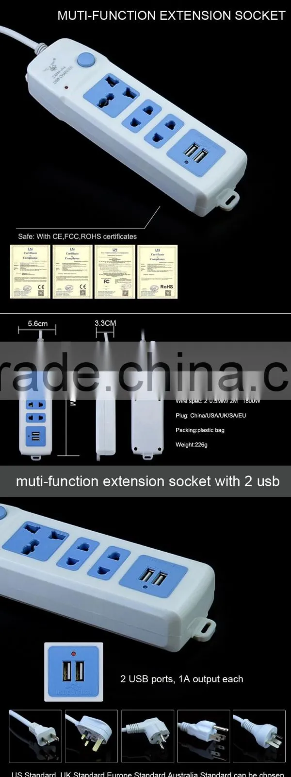 durable multi desktop smart electric switch and socket with dual USB ports