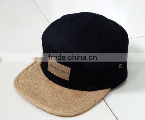 Wool blen and suede flat brim leather patch 5 panel cap