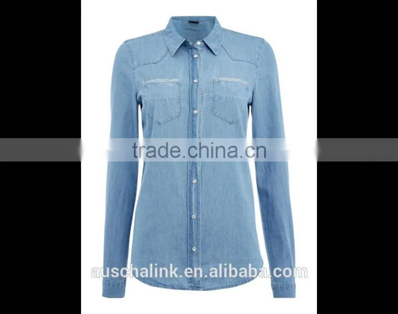 2016 new arrival ladies long sleeve blue denim shirt OEM service
