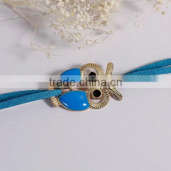 New Fashion Gold Plated Blue Suede Velvet Cord Halloween Owl Connector Black Enamel Bracelets