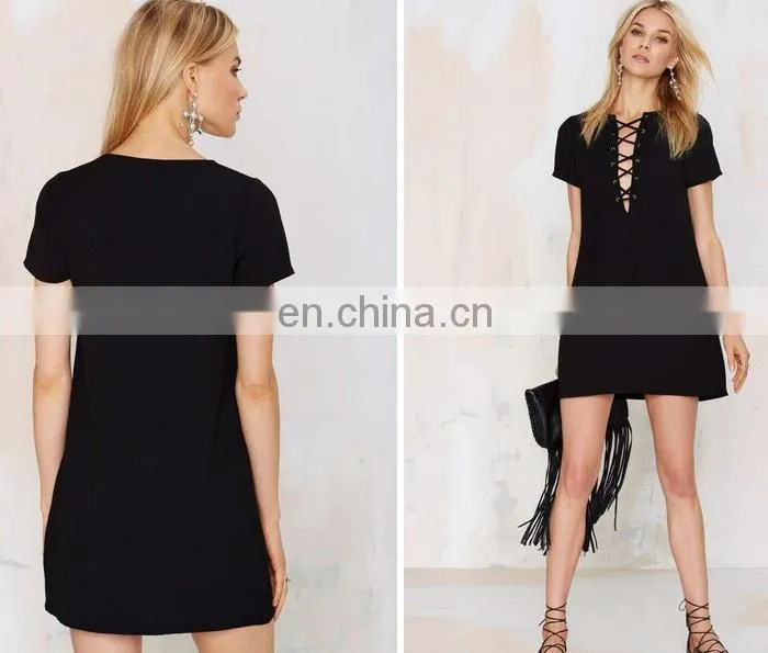 Short sleeve faux suede lace up dress