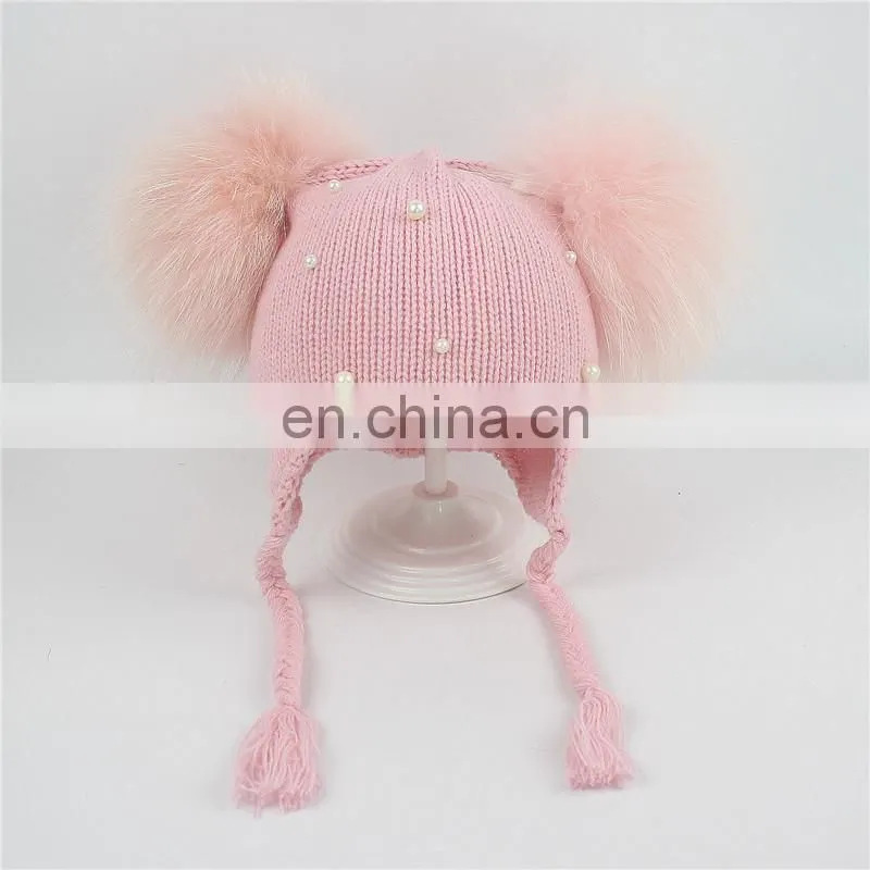 Wholesale Double Raccoon Fur Poms Cap Kids Hat With Fur Pom Pom