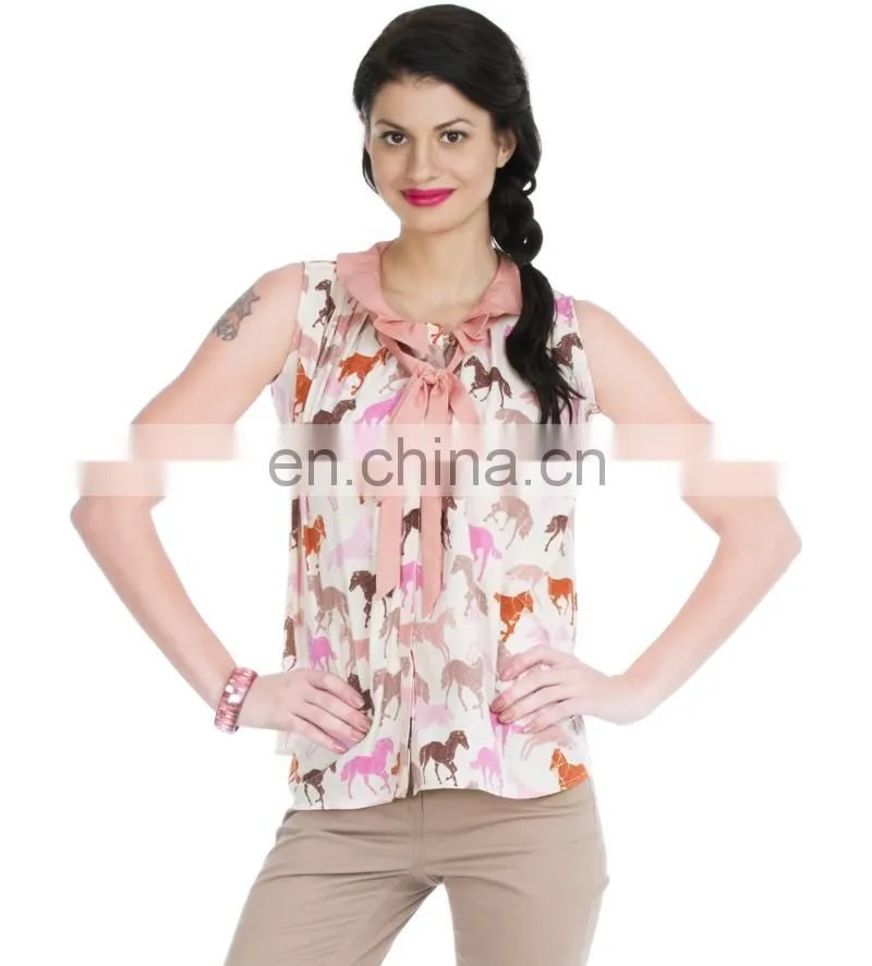 2015 Fashion Multicolored Horse Print Top With Tie-up autumn stylish horse print women loose knit top