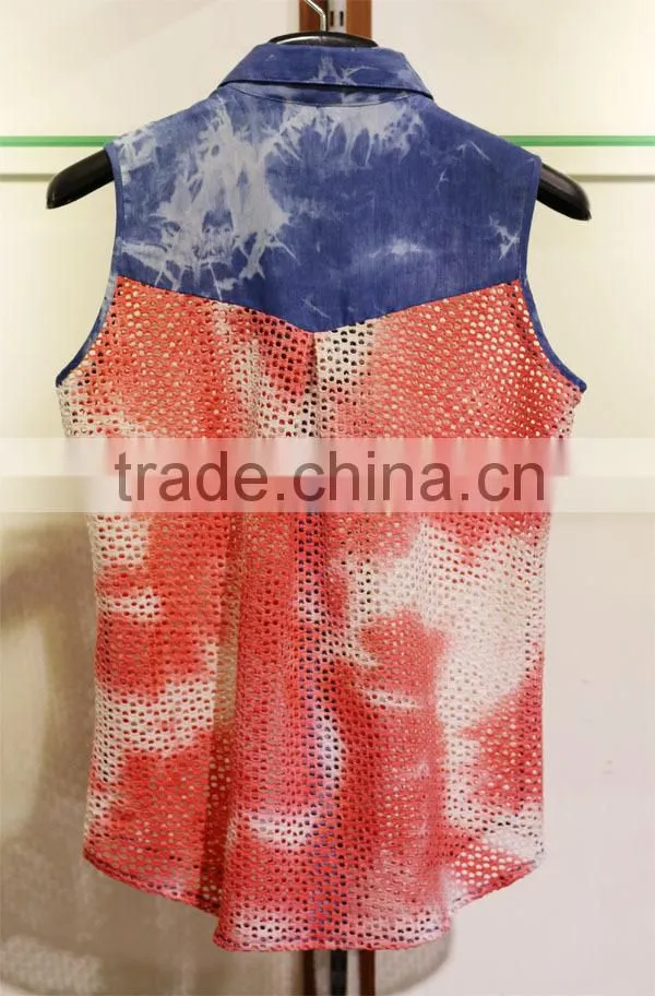 Women's hollowed-out sleeveless tops with a shirt collar